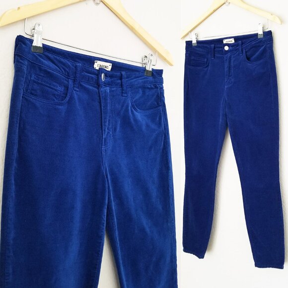 L'AGENCE Margot Royal Cobalt Blue Velvet Jeans Pants 27 High Rise Stretch $235 - Picture 5 of 16